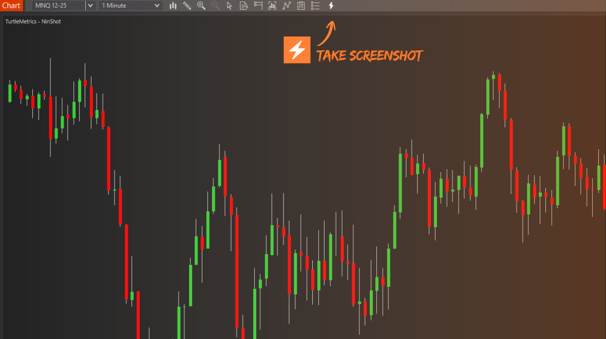 The NinShot library showing captured NinjaTrader chart screenshots auto-tagged by symbol, timeframe, and timestamp